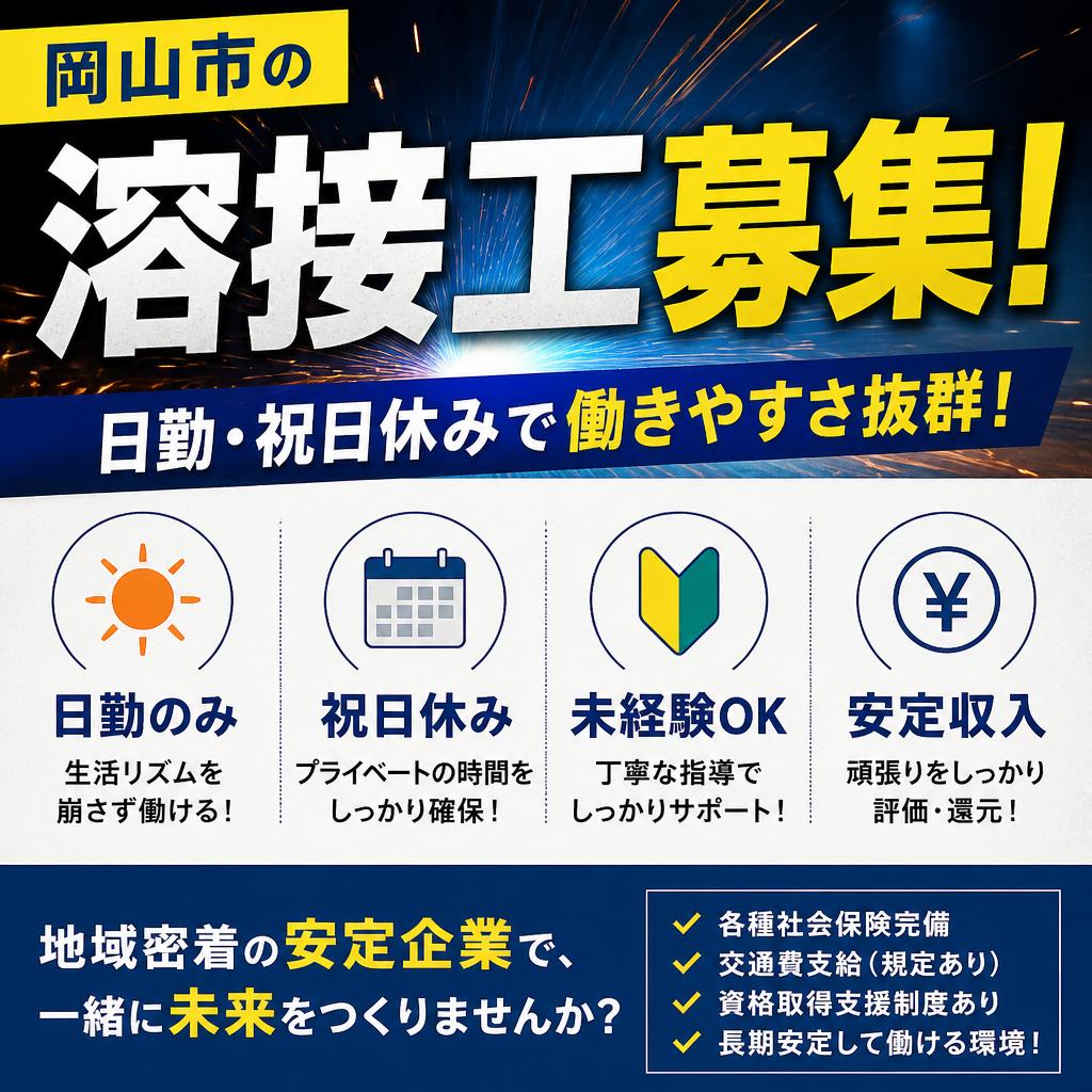 岡山市の溶接工募集！日勤・祝日休みで働きやすさ抜群！